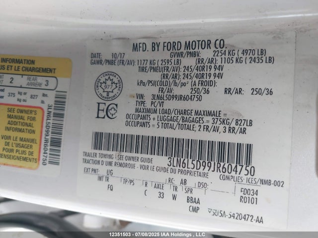 3LN6L5D99JR604750 Lincoln 2.0l gtdi high w/premium fuel
