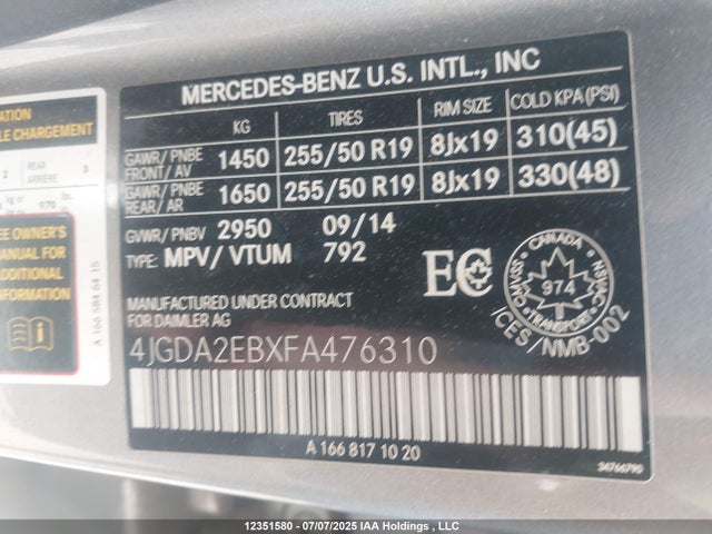 4JGDA2EBXFA476310 Mercedes-Benz Ml-Class