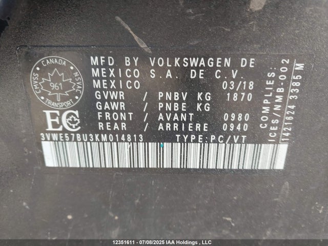 3VWE57BU3KM014813 Volkswagen 1.8 tsi