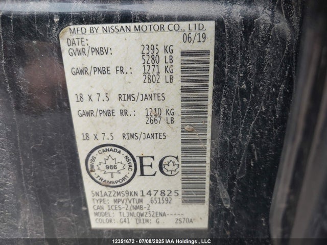 5N1AZ2MS9KN147825 Nissan 2019