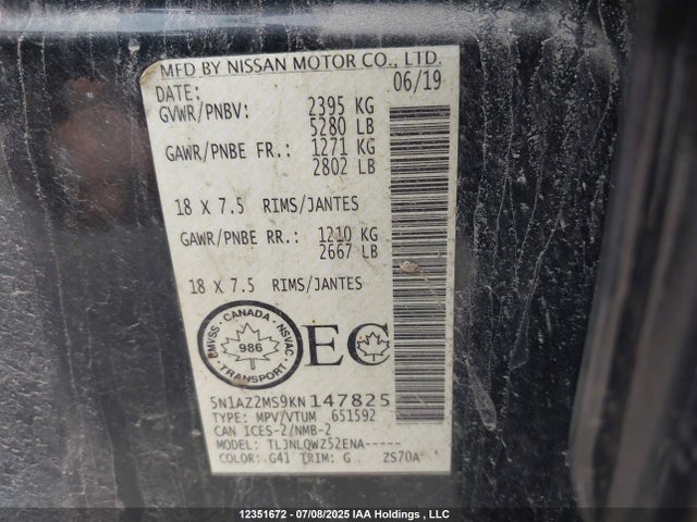 5N1AZ2MS9KN147825 Nissan 2019