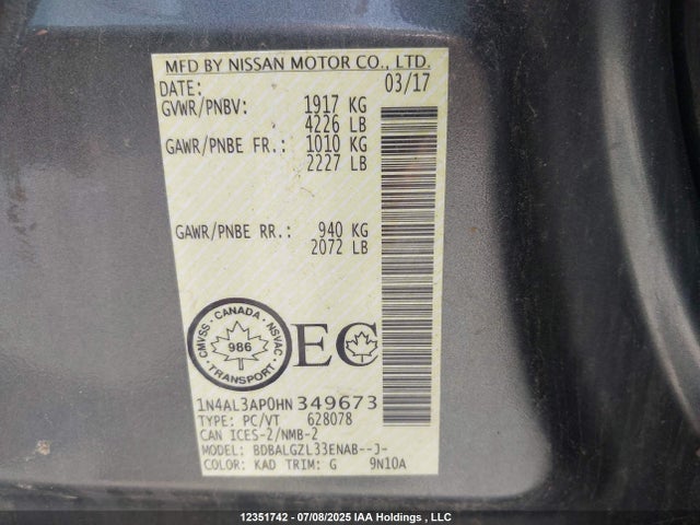 1N4AL3AP0HN349673 Nissan Altima