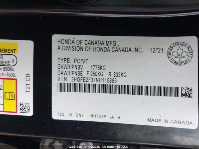 Honda CIVIC EX 2022 2HGFE2F37NH115885 Image 26