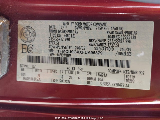 1FMCU9GXXFUA95379 Ford 2015