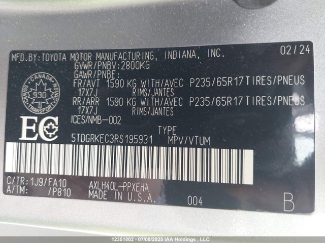 5TDGRKEC3RS195931 Toyota Sienna