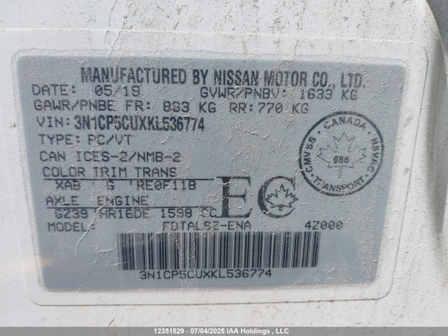 3N1CP5CUXKL536774 Nissan 2019