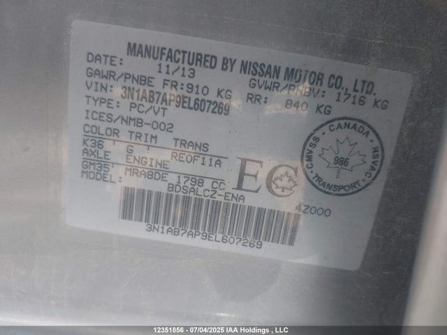 3N1AB7AP9EL607269 Nissan 2014