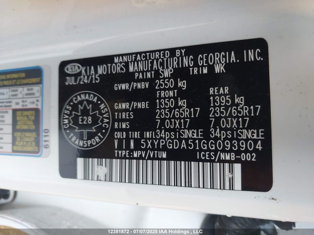5XYPGDA51GG093904 KIA dohc gdi lambda ii