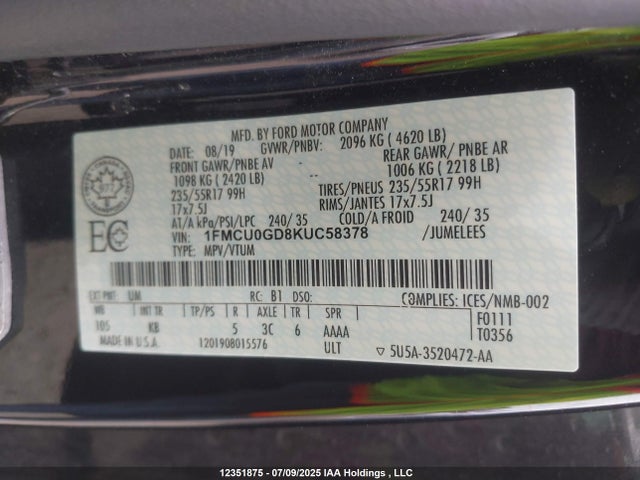1FMCU0GD8KUC58378 Ford 1.5l gtdi sigma w/premium fuel