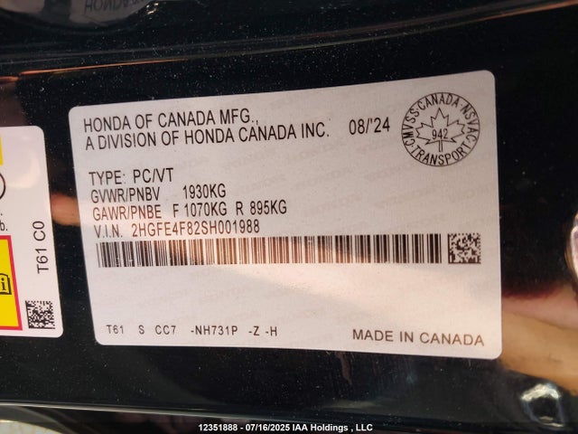 Продаж на аукціоні авто 2025 Honda Civic Hybrid Sport/sport Touring, vin: 2HGFE4F82SH001988, номер лоту: 12351888