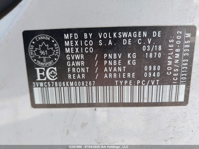 3VWC57BU6KM008267 Volkswagen 1.4 tsi