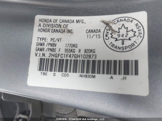 Honda l15b7 2016 2HGFC1F47GH102873 Image 9