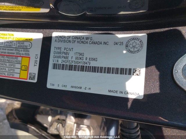 Honda k20c9 2025 2HGFE2F59SH108479 Image 9