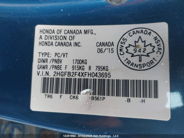 2HGFB2F4XFH043695 Honda r18z1
