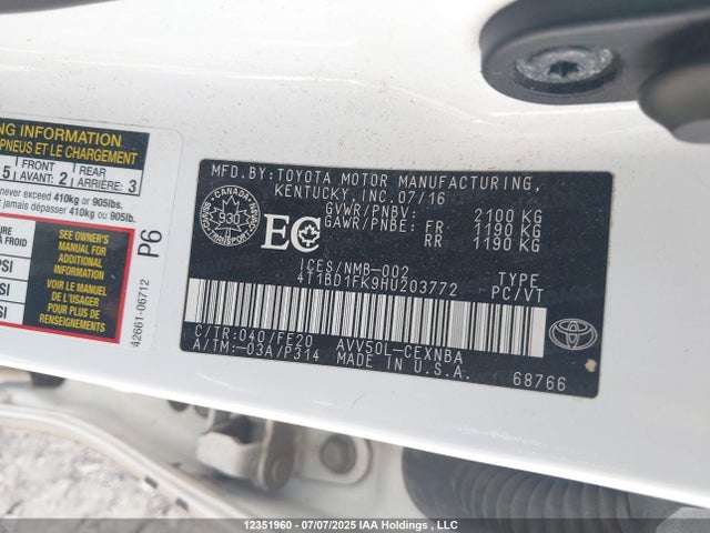 4T1BD1FK9HU203772 Toyota 2ar-fxe+2jm