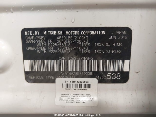 Mitsubishi tc/ic mivec 2019 JA4AT4AA8KZ600381 Image 9
