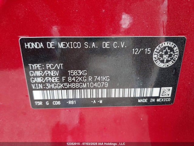 3HGGK5H88GM104079 Honda l15b1