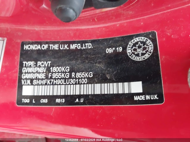 SHHFK7H90LU301100 Honda l15ba