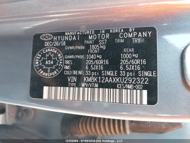 KM8K12AAXKU292322 Hyundai mpi nu