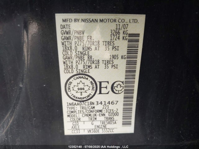 Aukcja sprzedaży 2008 Nissan Titan Xe/se/le/pro-4x, vin: 1N6AA07C18N341467, numer aukcji: 12352148