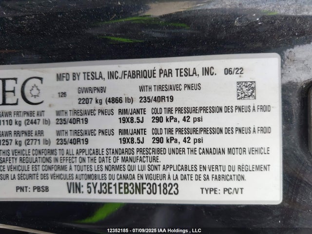 Tesla MODEL 3 2022 5YJ3E1EB3NF301823 Image 16