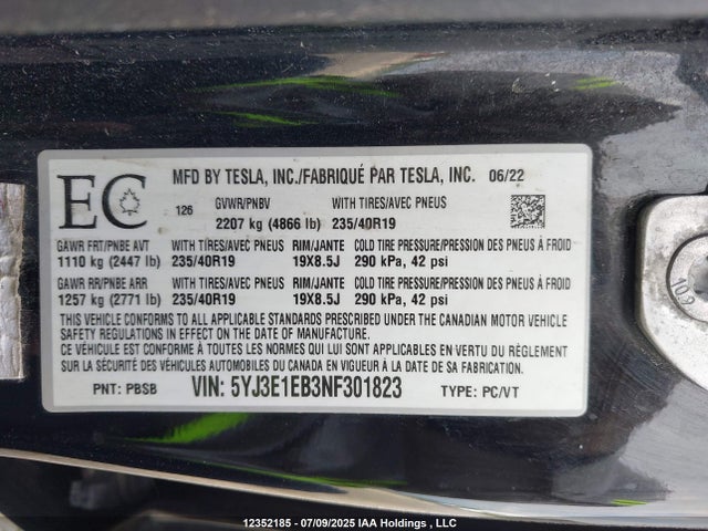 Tesla MODEL 3 2022 5YJ3E1EB3NF301823 Image 9