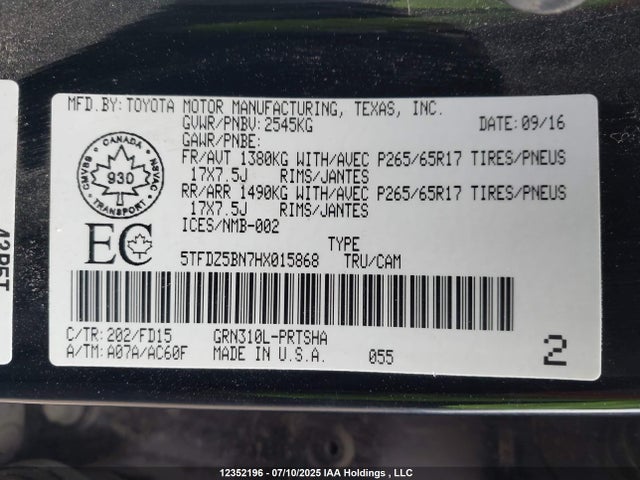 5TFDZ5BN7HX015868 Toyota 2gr-fks