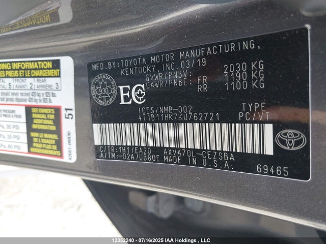 4T1B11HK7KU762721 Toyota a25a-fks