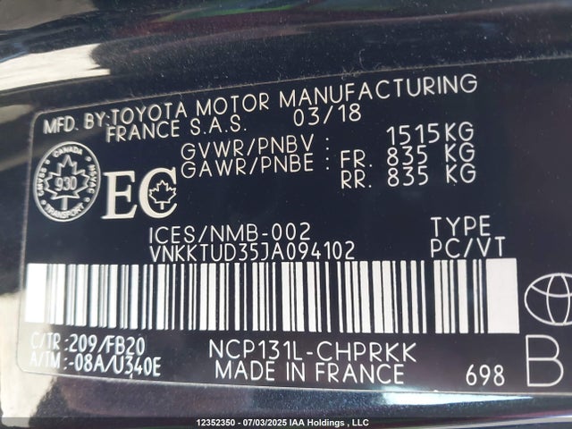 Toyota 1nz-fe 2018 VNKKTUD35JA094102 Image 9