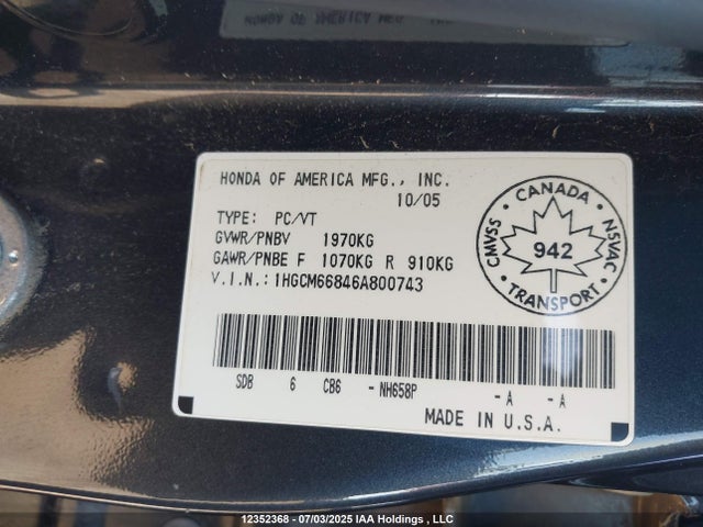 Aukcja sprzedaży 2006 Honda Accord, vin: 1HGCM66846A800743, numer aukcji: 12352368