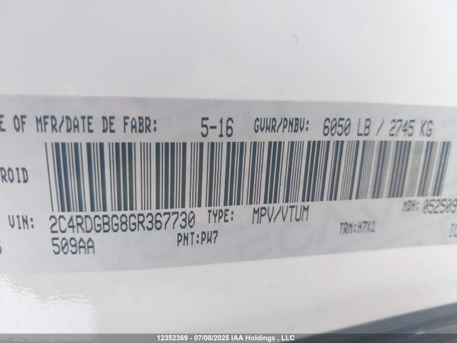2C4RDGBG8GR367730 Dodge Grand Caravan