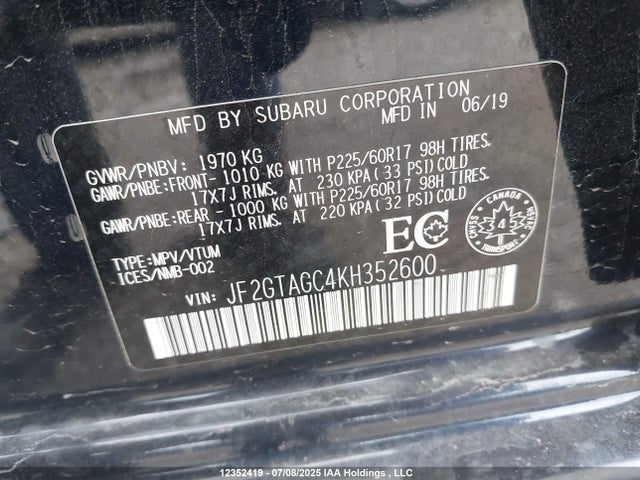 JF2GTAGC4KH352600 Subaru naturally aspirated