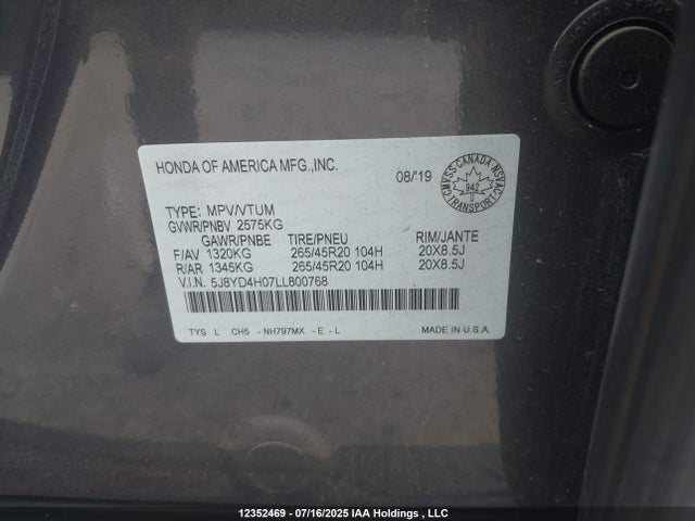 Acura j35y5 2020 5J8YD4H07LL800768 Image 9
