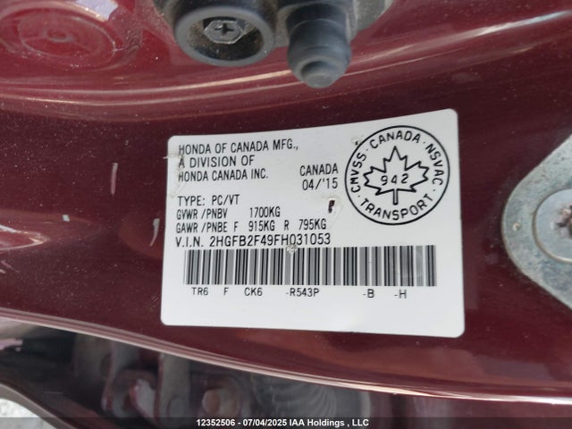 Honda r18z1 2015 2HGFB2F49FH031053 Image 9