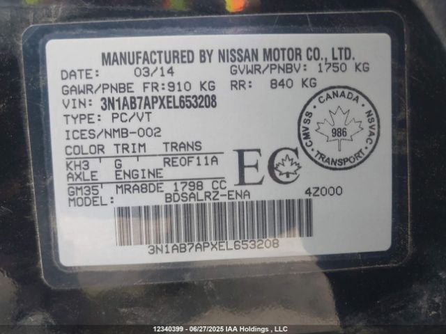 3N1AB7APXEL653208 Nissan 2014