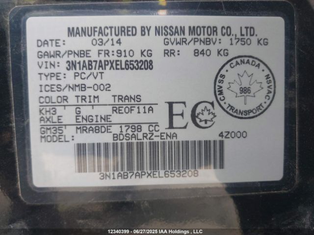 3N1AB7APXEL653208 Nissan 2014