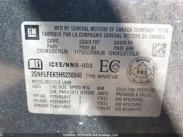 2GNFLFEK5H6230948 Chevrolet lea - sidi: spark ignited direct injection, e85 max, alum