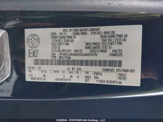 1FMCU9G93GUA87076 Ford 2016