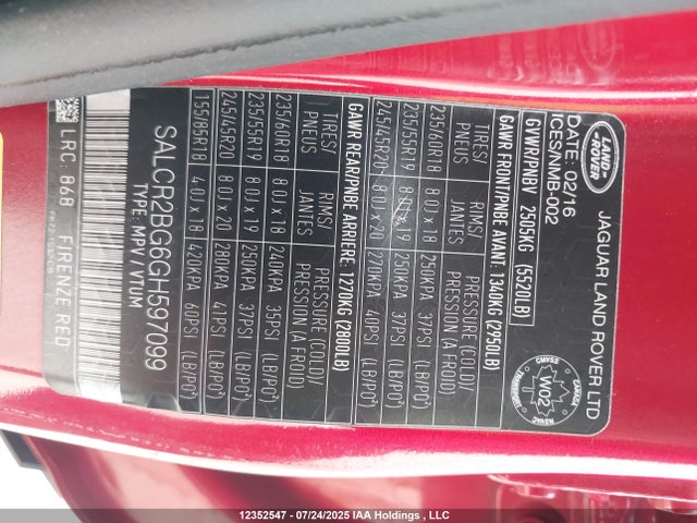 SALCR2BG6GH597099 Land Rover gtdi lev3 sulev30