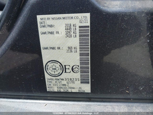 1N4BL4BW7MN358235 Nissan ALTIMA S