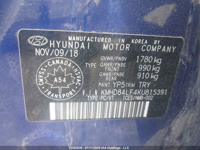 KMHD84LF4KU815391 Hyundai mpi nu