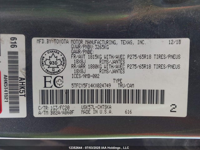 5TFCY5F14KX024749 Toyota 3ur-fe