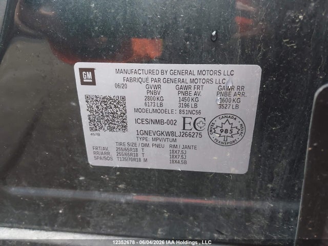 Aukcja sprzedaży 2020 Chevrolet Traverse Lt, vin: 1GNEVGKW8LJ266275, numer aukcji: 12352678