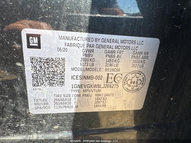 Aukcja sprzedaży 2020 Chevrolet Traverse Lt, vin: 1GNEVGKW8LJ266275, numer aukcji: 12352678