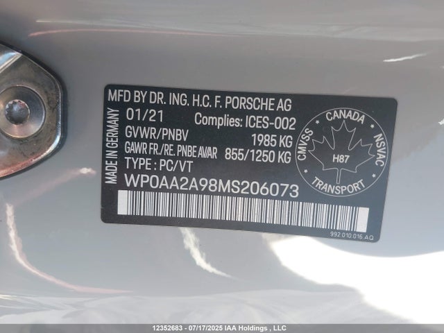 Porsche 911 2021 WP0AA2A98MS206073 Image 9