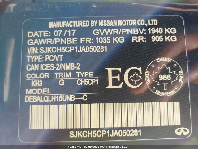 SJKCH5CP1JA050281 Infiniti m27020