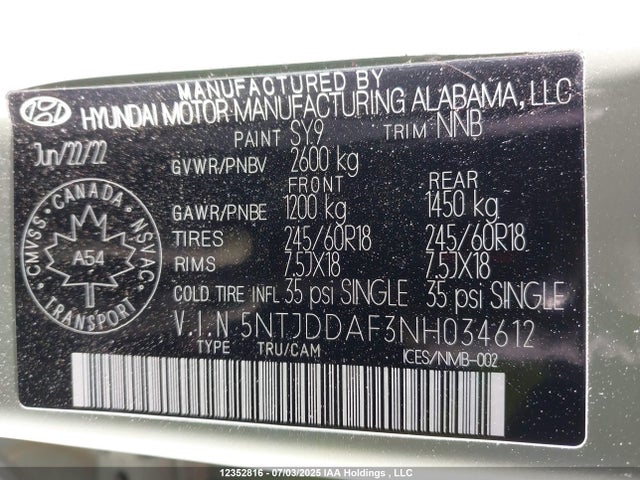 5NTJDDAF3NH034612 Hyundai t-gdi theta iii
