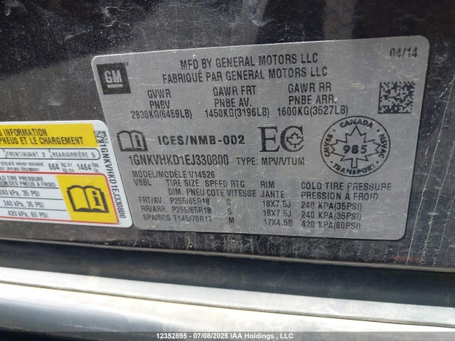 Chevrolet llt 2014 1GNKVHKD1EJ330800 Image 9
