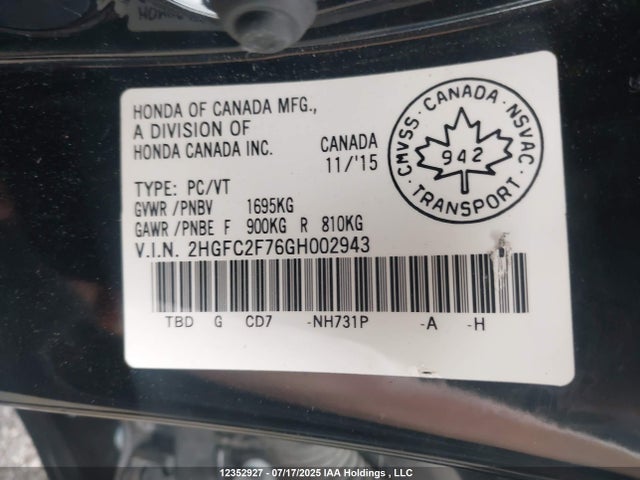 Honda k20c2 2016 2HGFC2F76GH002943 Image 9