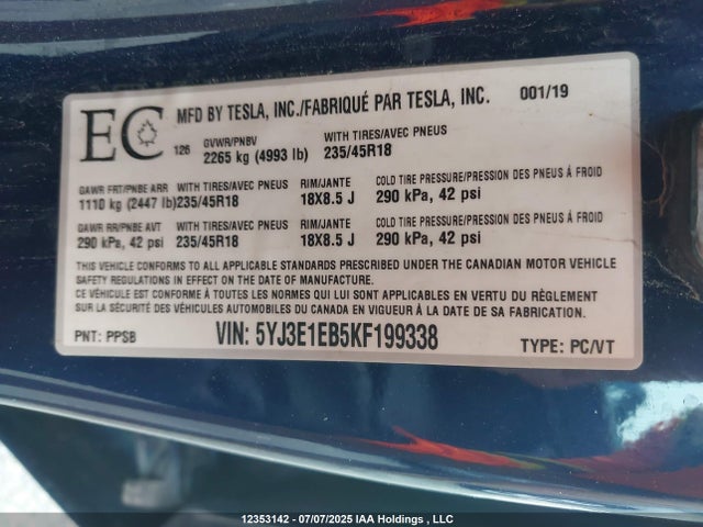 5YJ3E1EB5KF199338 Tesla 2019